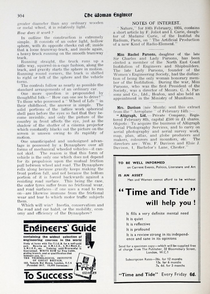 Article written by Margaret Partridge and printed in the Woman Engineer. Includes text answering questions about the Dynasphere and features an image of four Dynaspheres, a type of monowheel, driving down a country lane with fields on either side of the road.