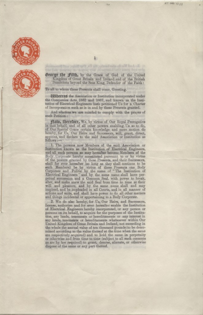 Printed page of a Charter with red printed seals and black text