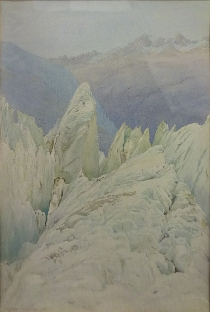Watercolour of the Argentiere Glacier showing peaks, crevasses and seracs