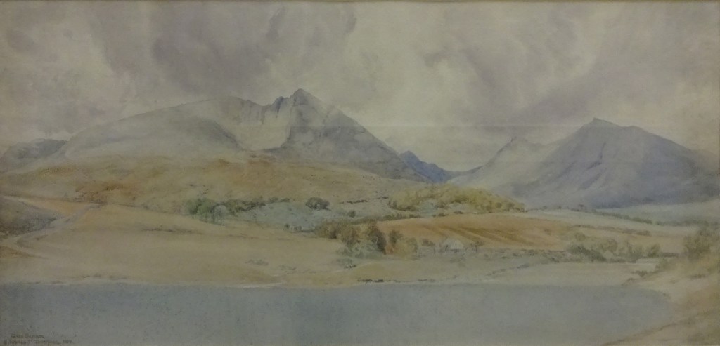 Watercolour painting of the mouth of the Sannox Burn, Glen Sannox, Arra, showing the burn with mountains in the background