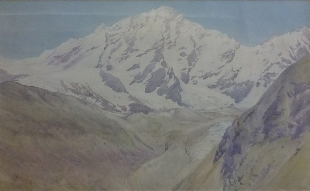 Watercolour of the Weisshorn showing the mountain peak with teh Alpe de la Lee in the foreground