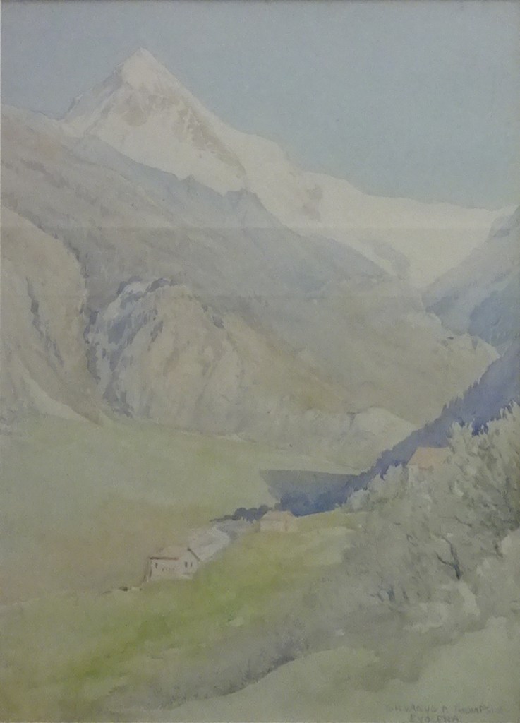 Watercolour of the Dent Blanche, showing the mountain peak in the background with trees and houses in the foreground
