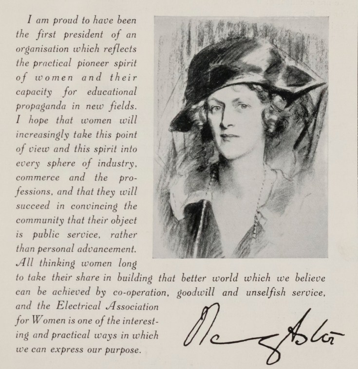 Image of Lady Astor in hat with text