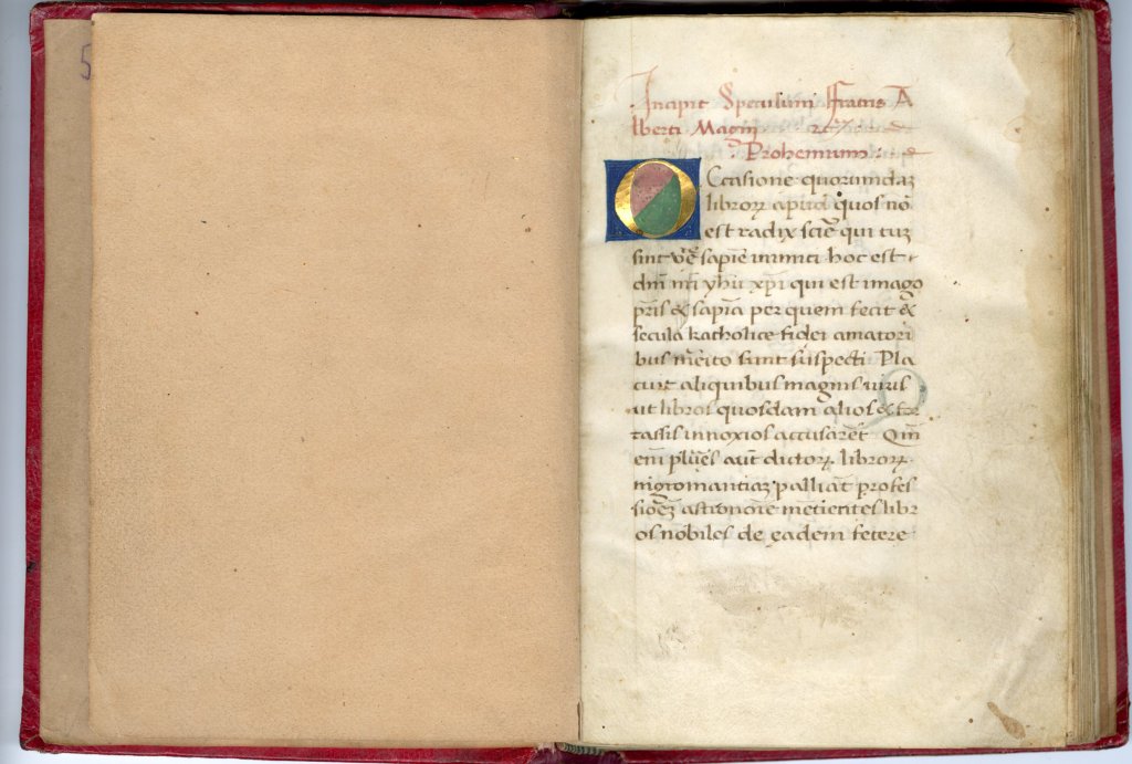 Folio 1 of Albertus Magnus manuscript with illuminated letter O