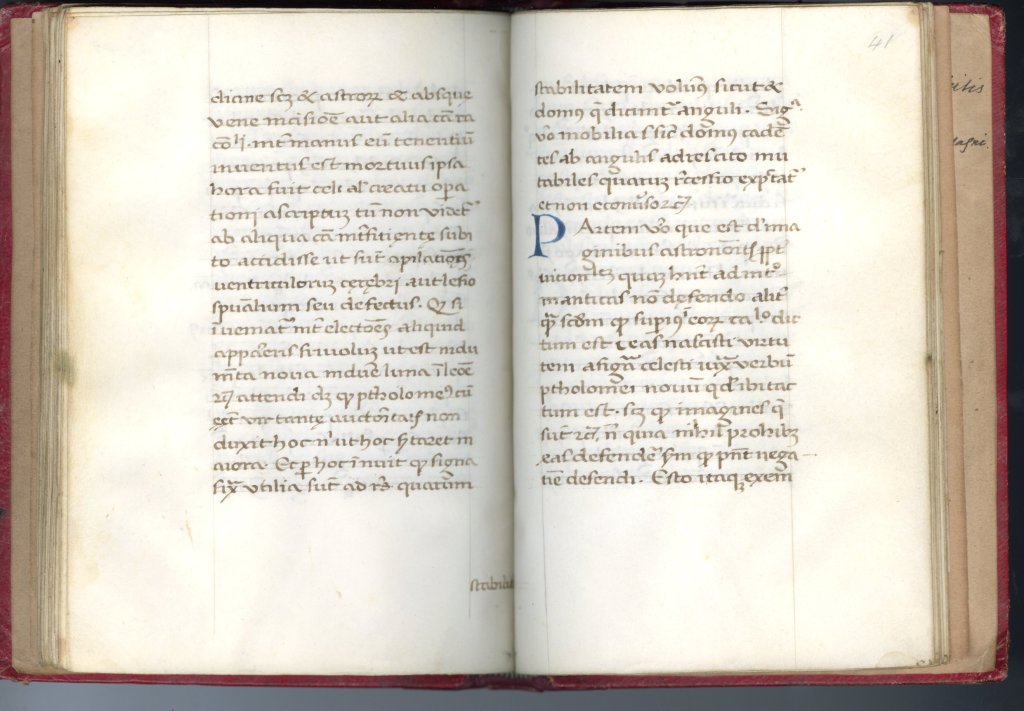 Folio 41 of Albertus Magnus manuscript with blue capital P