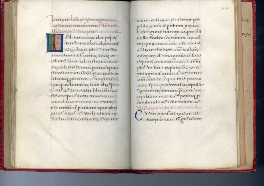 Folio 44 of manusript with incipit and illuminated I from On Talismans