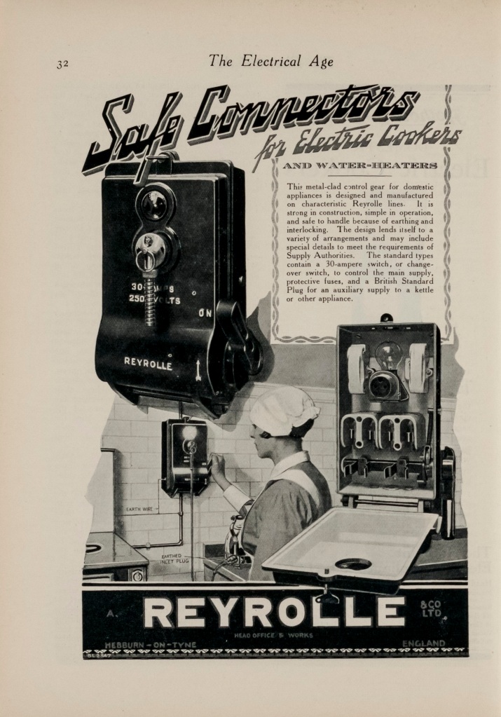Printed advertisement fo Reyrolle showing woman operating a cooker and a close up of an electric switch