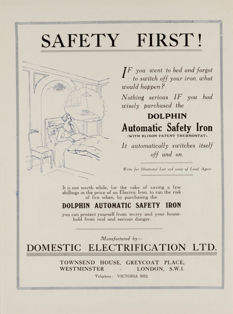 Advertisement with an illustration of a woman in bed with a thought bubble showing an electric iron