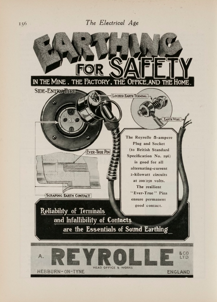 Advertisement with illustration of Reyrolle 5 amp plug and socket