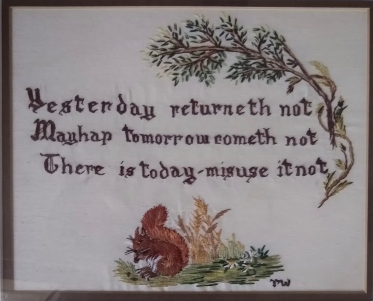 Motto embroidered on white background with squirrel and tree branch