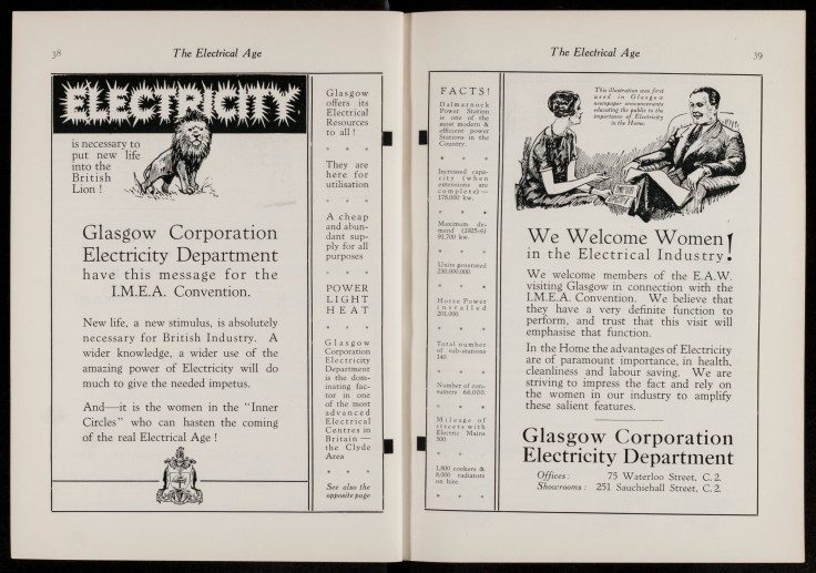 Adverts showing a lion under the word Electricity (left) and a man and woman (right)